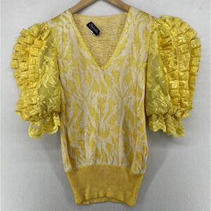 Vtg LUDMILA Sweater Womens S Jacquard Ruffle Lace Balloon Sleeve Jumper Yellow